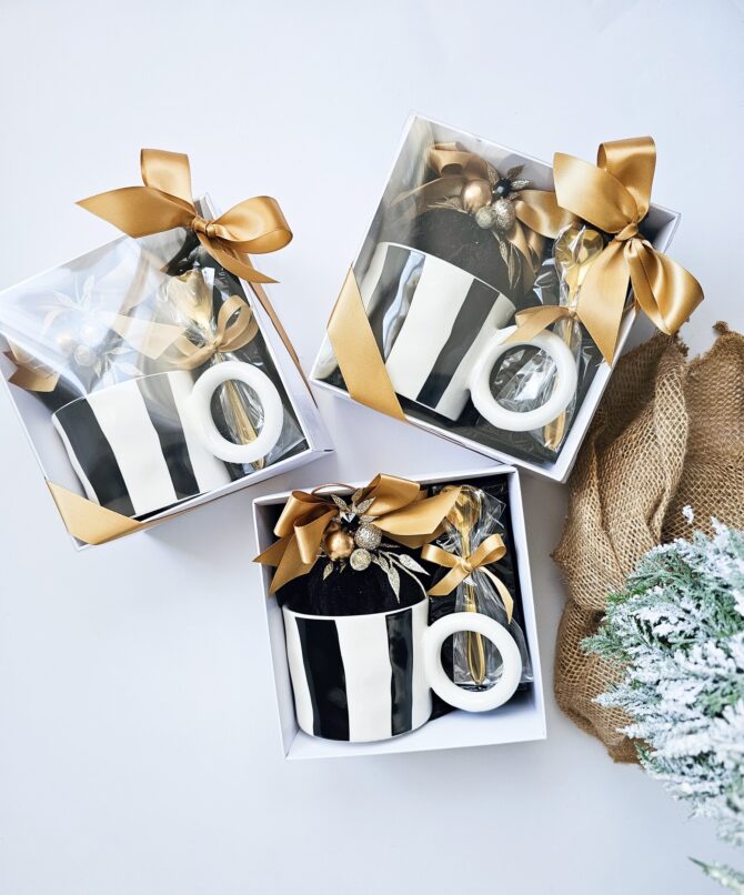 Gift set with Black & White Striped Ceramic Mug, Christmas bauble ,tea and heart shape tea spoon