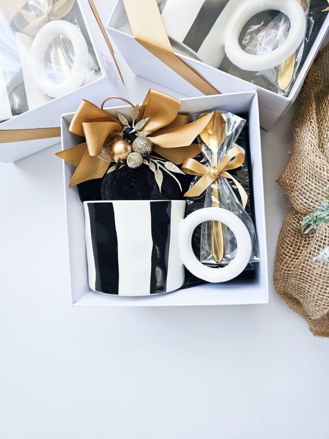 Gift set with Black & White Striped Ceramic Mug, Christmas bauble ,tea and heart shape tea spoon - Image 2