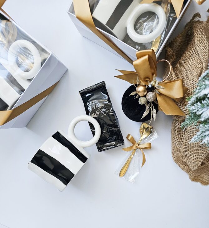 Gift set with Black & White Striped Ceramic Mug, Christmas bauble ,tea and heart shape tea spoon - Image 3