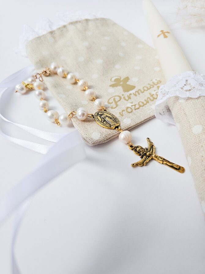 First Communion Candle Set with Freshwater Pearl Rosary Bracelet and Linen Pouch - Image 3