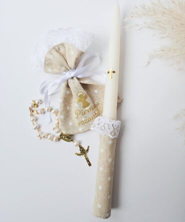 First Communion Candle Set with Freshwater Pearl Rosary Bracelet and Linen Pouch