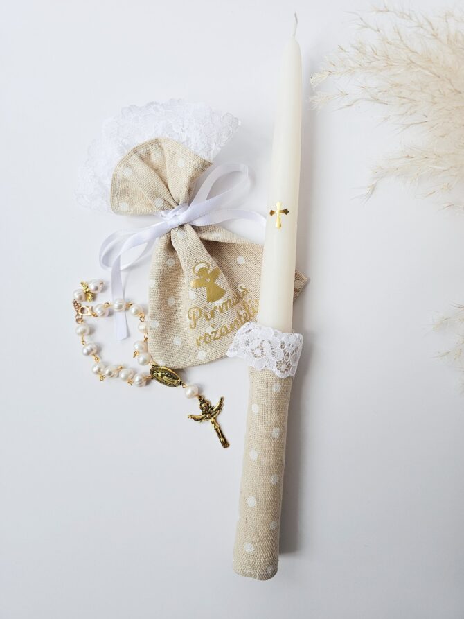 First Communion Candle Set with Freshwater Pearl Rosary Bracelet and Linen Pouch