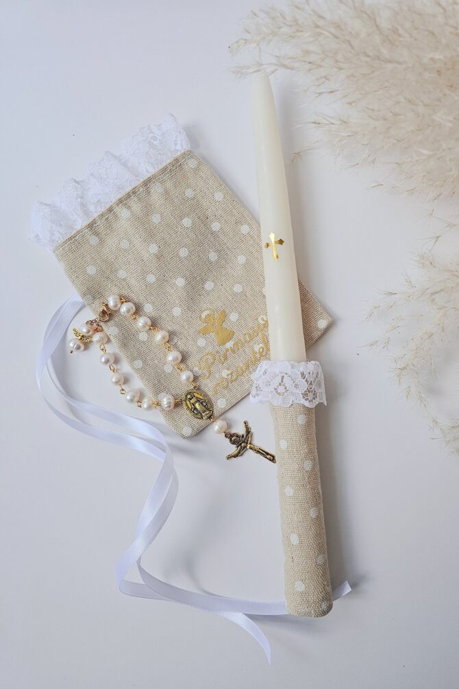 First Communion Candle Set with Freshwater Pearl Rosary Bracelet and Linen Pouch - Image 2