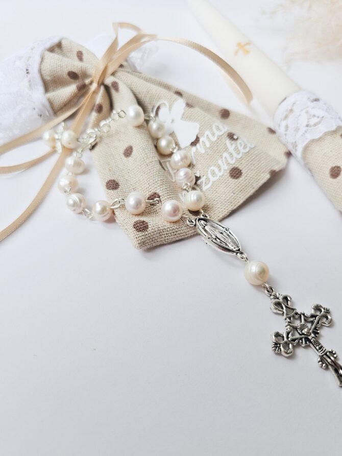 First Communion Candle Set with Freshwater Pearl Rosary Bracelet and Linen Pouch (SILVER) - Image 2