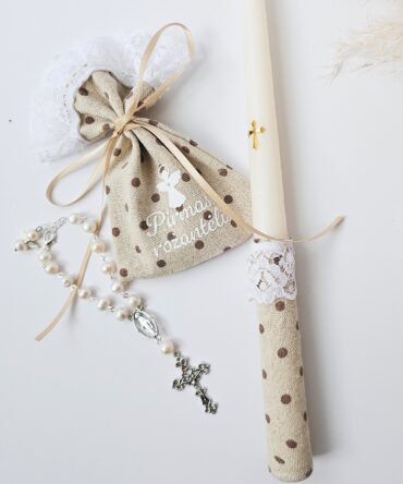 First Communion Candle Set with Freshwater Pearl Rosary Bracelet and Linen Pouch (SILVER)