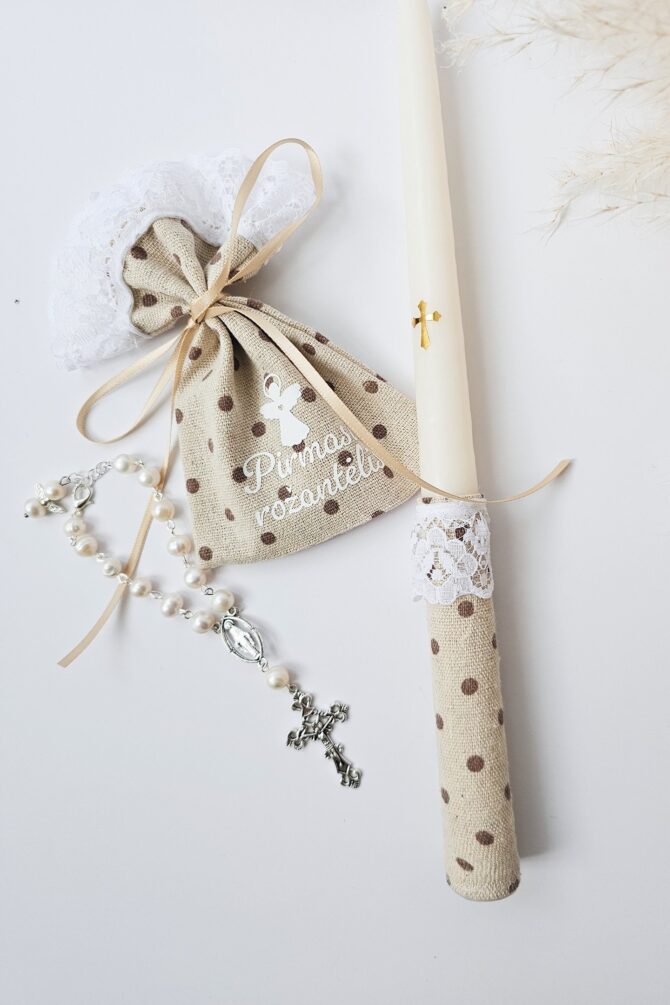 First Communion Candle Set with Freshwater Pearl Rosary Bracelet and Linen Pouch (SILVER)
