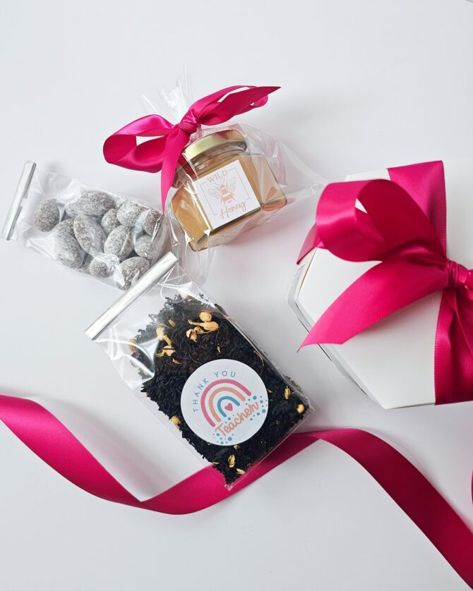 Teacher Appreciation Gift Box – Crème Brûlée Black Tea, Chocolate Almonds & Natural Honey