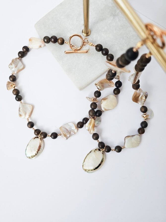 Handmade Shell, Bronzite & Hematite Bead Necklace