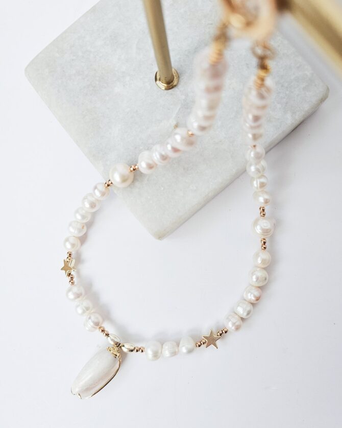 Handmade Pearl & Hematite Necklace with Shell Pendant
