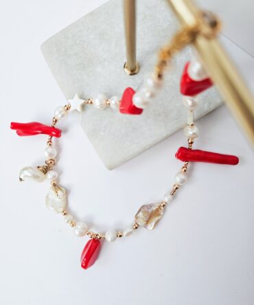 Handmade Red Coral & Pearl Necklace with Natural Shell