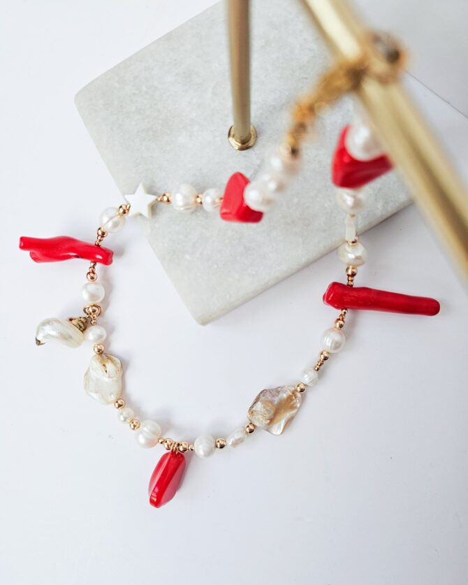 Handmade Red Coral & Pearl Necklace with Natural Shell