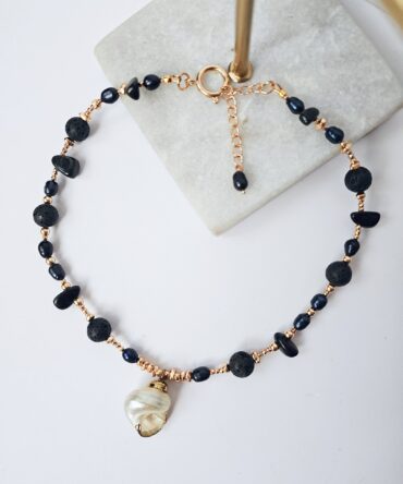Handmade Hematite & Lava Stone Necklace with Shell Pendant