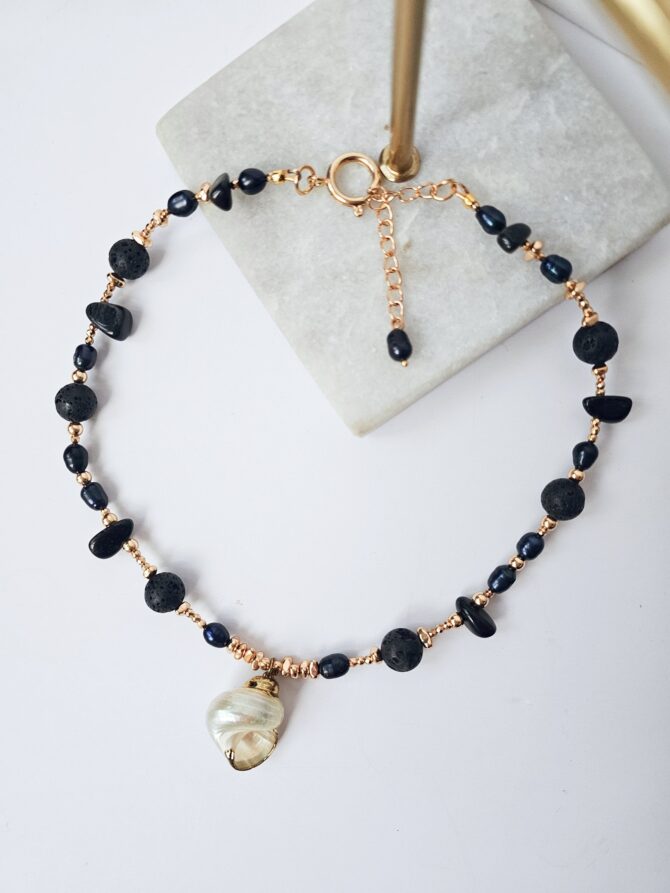 Handmade Hematite & Lava Stone Necklace with Shell Pendant