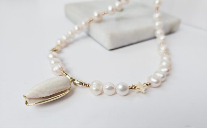 Handmade Pearl & Hematite Necklace with Shell Pendant - Image 2