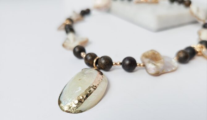 Handmade Shell, Bronzite & Hematite Bead Necklace - Image 2