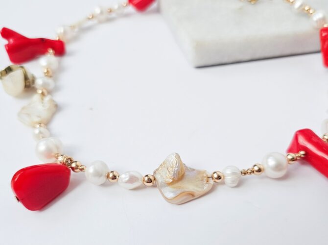 Handmade Red Coral & Pearl Necklace with Natural Shell - Image 3
