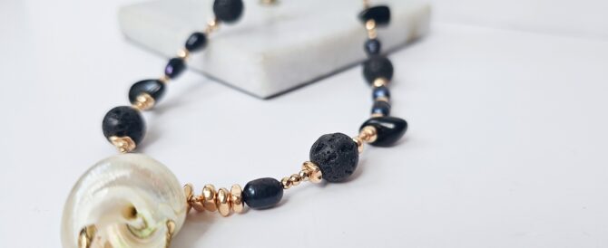 Handmade Hematite & Lava Stone Necklace with Shell Pendant - Image 4