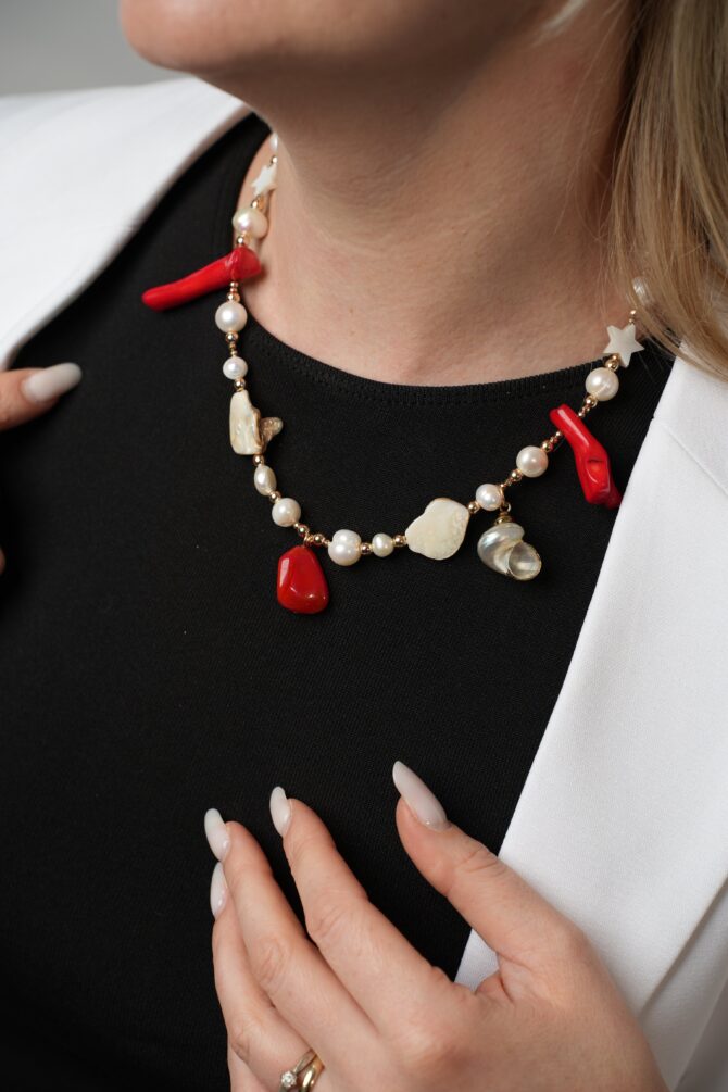 Handmade Red Coral & Pearl Necklace with Natural Shell - Image 2