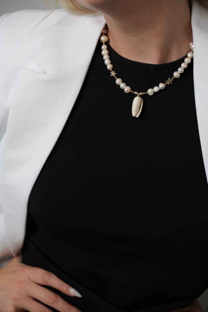 Handmade Pearl & Hematite Necklace with Shell Pendant - Image 3