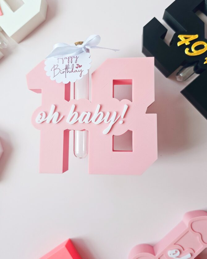 3D Printed “18” with Tube – Fun Birthday Gift with “Oh Baby!” (pink)
