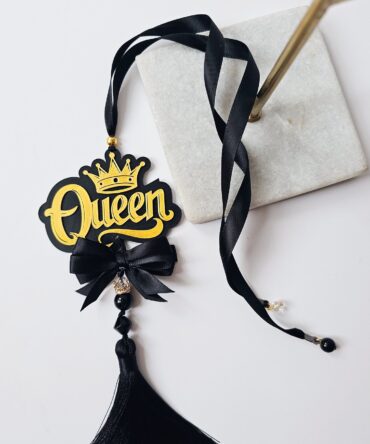 "Queen" Car Mirror Hanging Ornament – Black & Gold with Tassel