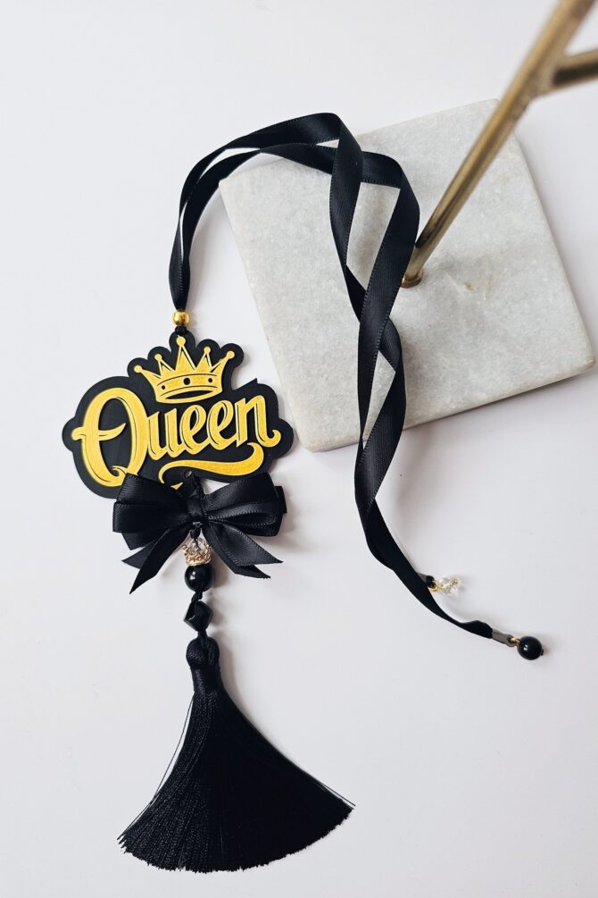 "Queen" Car Mirror Hanging Ornament – Black & Gold with Tassel