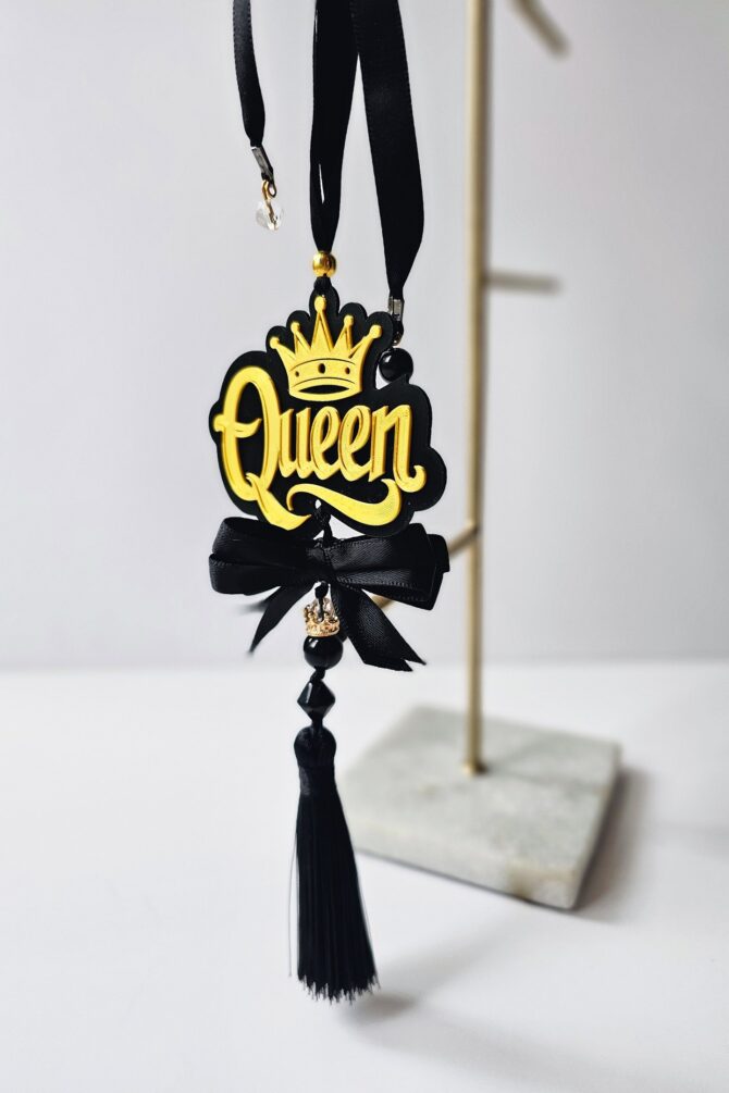 "Queen" Car Mirror Hanging Ornament – Black & Gold with Tassel - Image 2