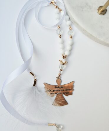 Angel Car Pendant for Daughter with White Beads and Feather
