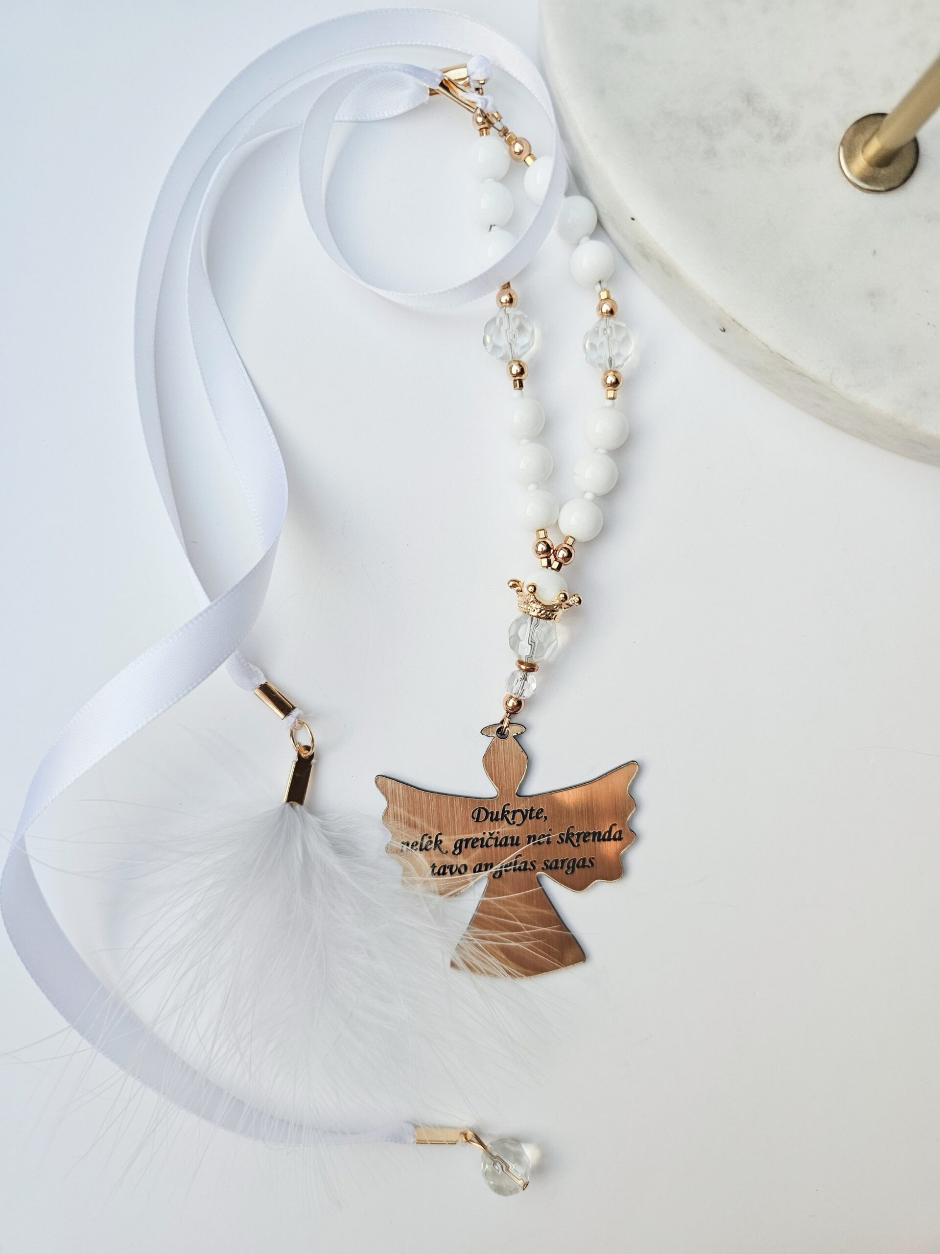 Angel Car Pendant for Daughter with White Beads and Feather