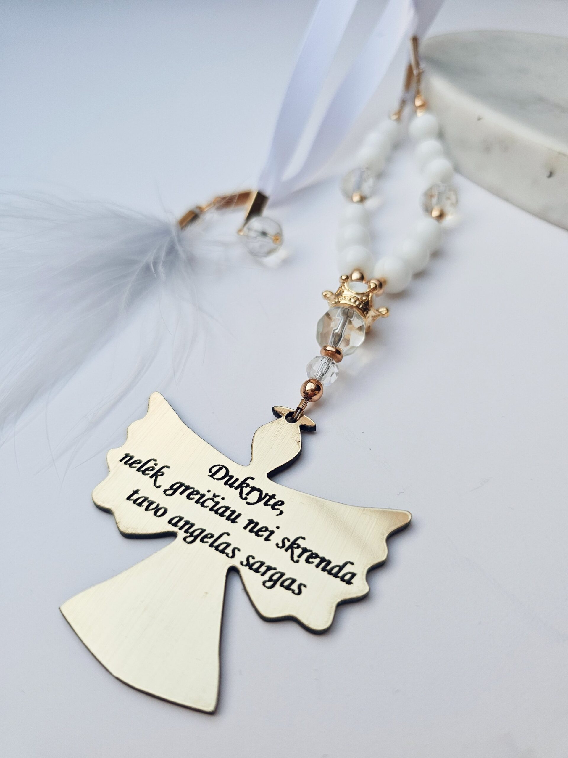 Angel Car Pendant for Daughter with White Beads and Feather - Image 3