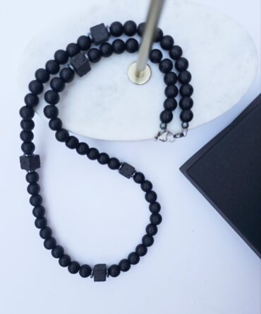Men’s Black Beaded Necklace with Lava Stone Accents