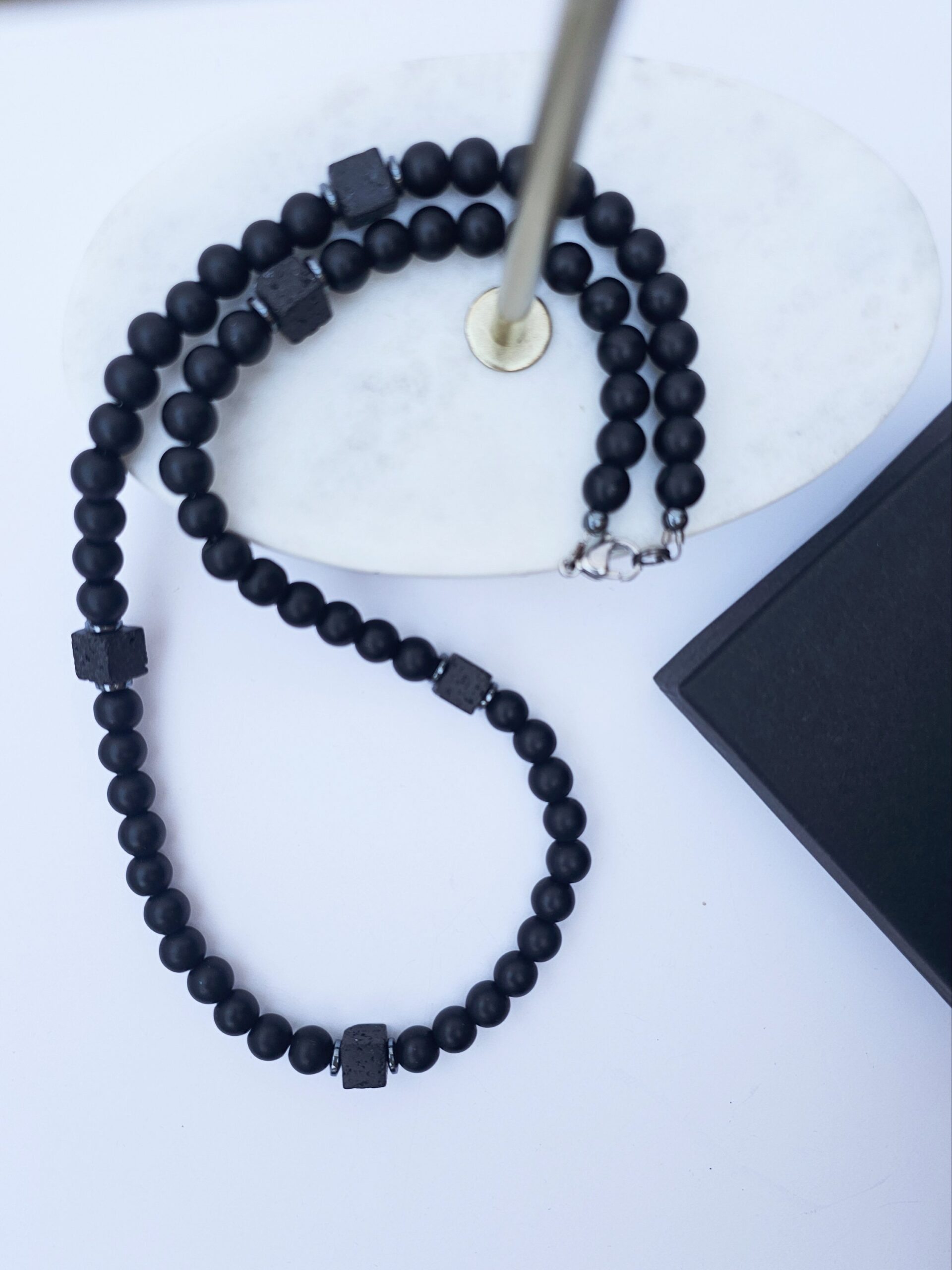 Men’s Black Beaded Necklace with Lava Stone Accents