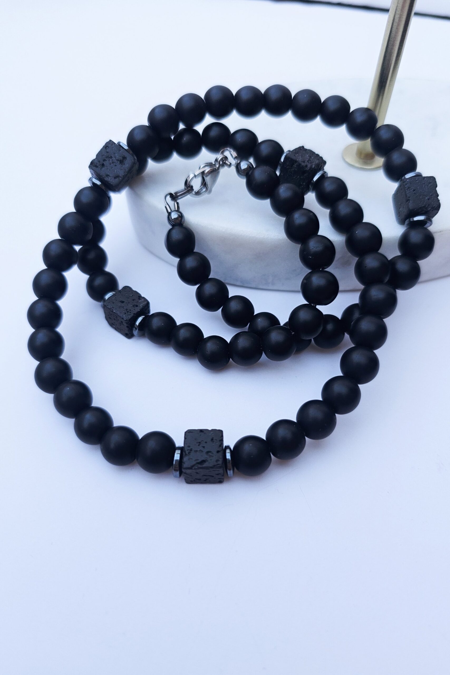 Men’s Black Beaded Necklace with Lava Stone Accents - Image 2