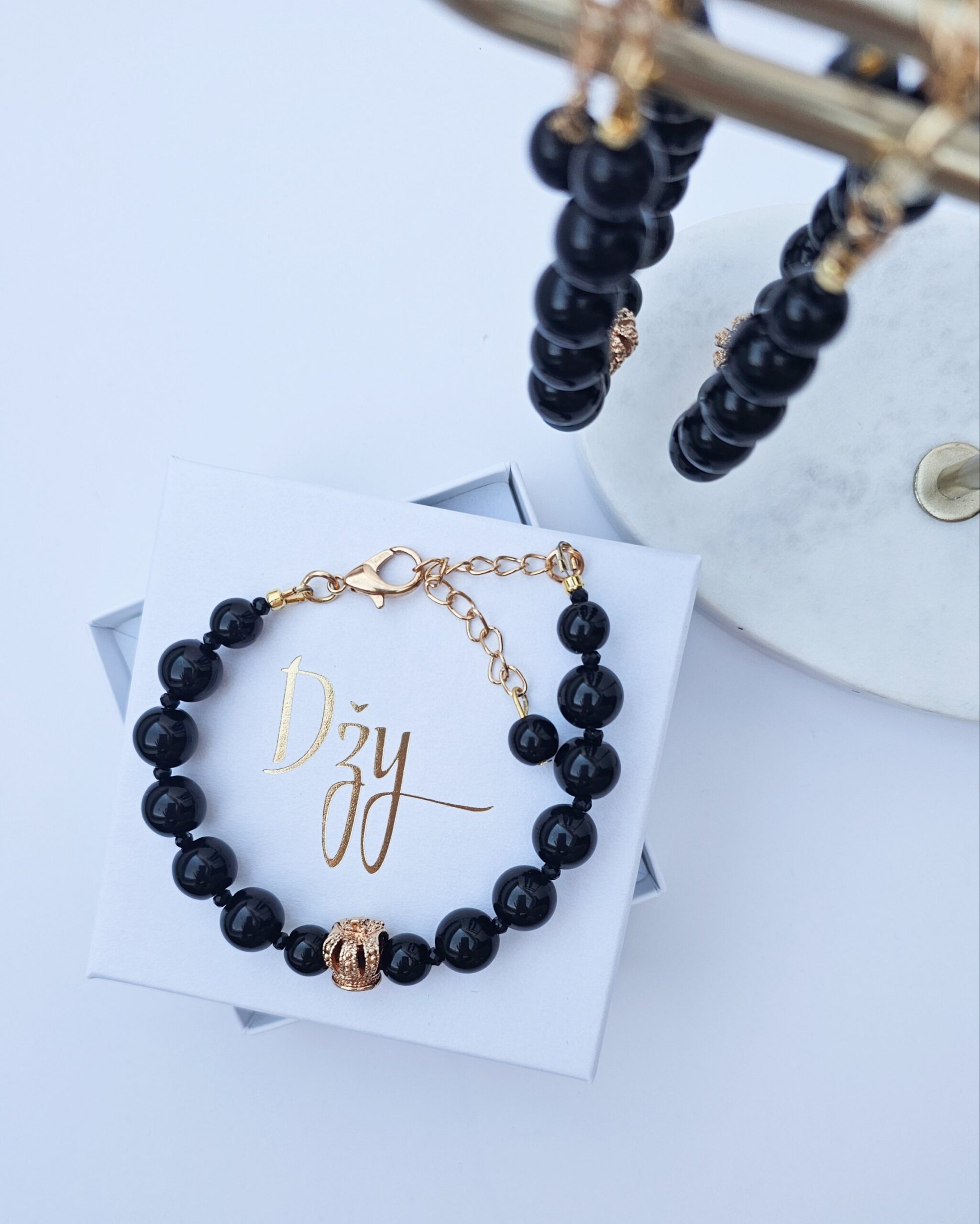 Black Beaded Bracelet with Gold-Tone Detail