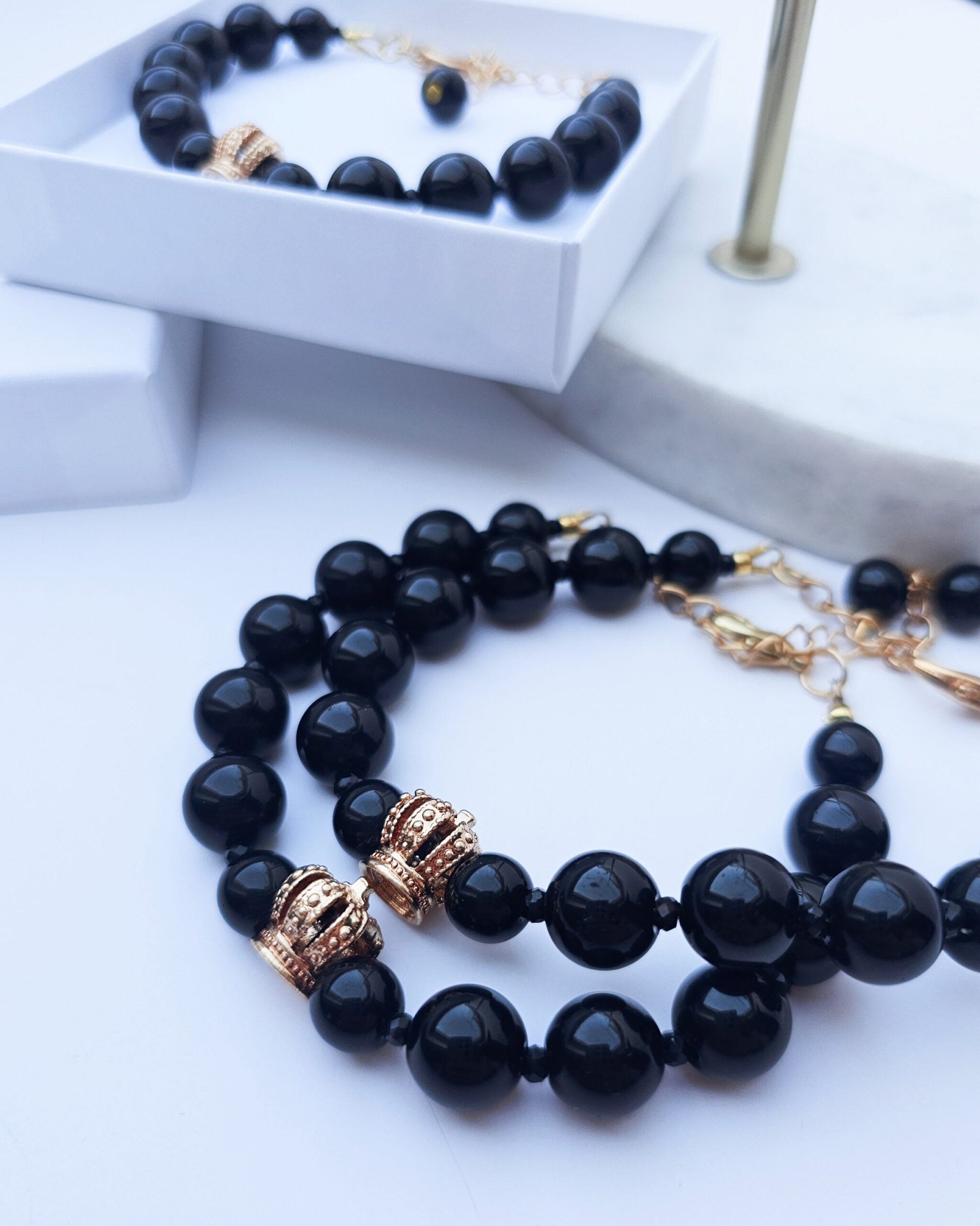 Black Beaded Bracelet with Gold-Tone Detail - Image 2