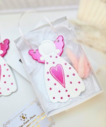 Handmade guardian angel ornament for godmother in gift box with message card — pink polka dot angel keepsake | Džy
