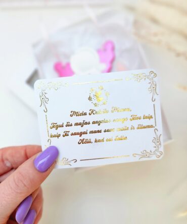 Gold foil godmother message card included with handmade guardian angel gift — held close-up | Džy