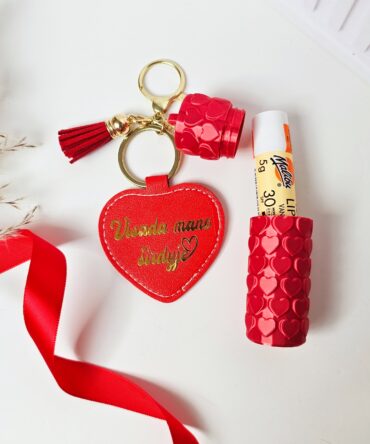 Personalized Heart Lip Balm Holder Keychain (No Balm Included) Red