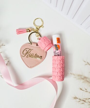 Personalized Heart Lip Balm Holder Keychain (No Balm Included) Baby Pink